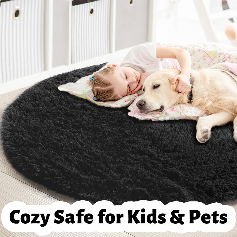 Amdrebio Black Round Rugs 5Ft for Bedroom Aesthetic, Fluffy Plush Circle Area Rugs for Living Room, Fuzzy Modern Cool Throw Carpet for Baby Kids Teen Boys Mens, Office Playroom Nursery Apartment Home Decor - Image 2